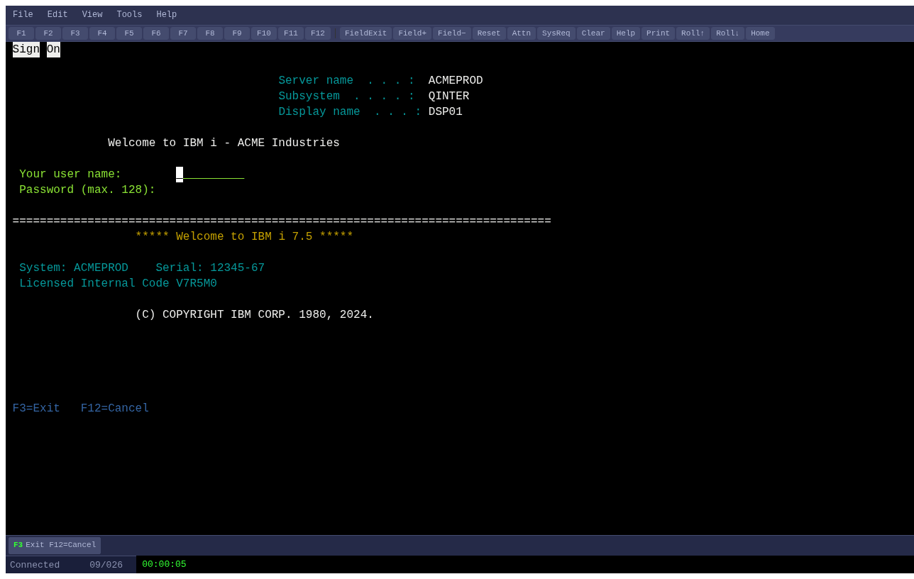 AS/400 sign-on screen