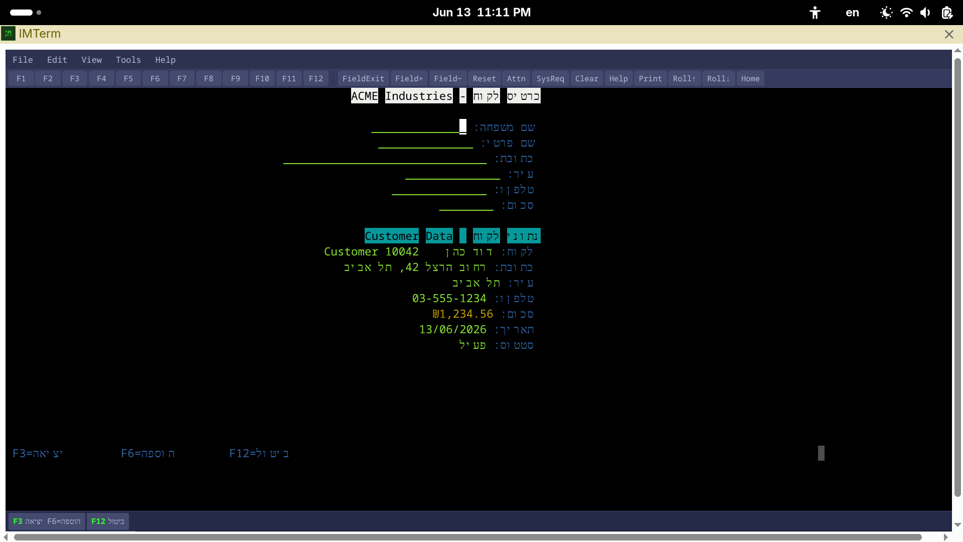 Hebrew customer maintenance screen
