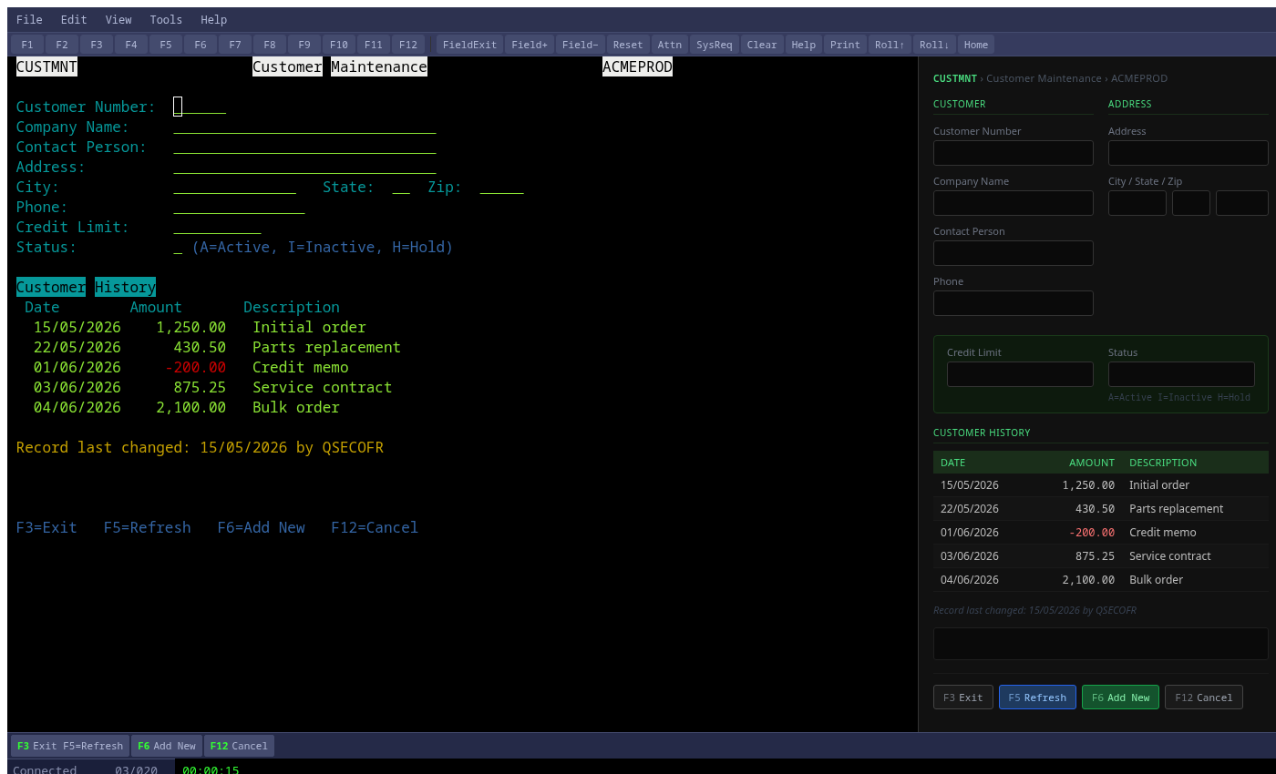 IMTerm split view, terminal alongside modern HTML form with bidirectional synchronization